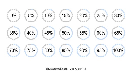 Percentage infographics elements. Blue and gray color fill pie charts indicator template. Circle graph loading progress set. Collection of round diagrams icons for infographics from 0 to 100 percent.