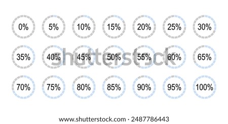 Percentage infographics elements. Blue and gray color fill pie charts indicator template. Circle graph loading progress set. Collection of round diagrams icons for infographics from 0 to 100 percent.