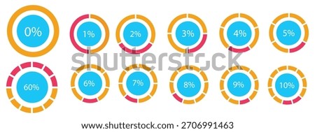 Percentage infographics elements. Round diagrams icons for infographics from 0 to 100 percent. Black, grey color fill divided pie charts indicator layout. Mockup of circle graph loading