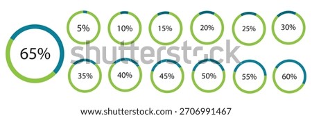 Percentage infographics elements. Round diagrams icons for infographics from 0 to 100 percent. Black, grey color fill divided pie charts indicator layout. Mockup of circle graph loading