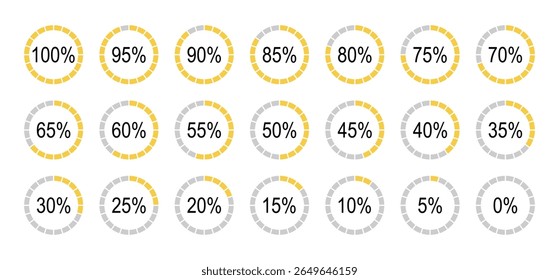 Elementos infográficos de porcentagem. Conjunto de ícones redondos de diagramas para infográficos de 0 a 100 por cento. Pizza de preenchimento de cor amarela e cinza, modelos de indicador de gráficos de pizza. Progresso do carregamento do gráfico de círculo.