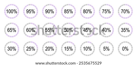 Percentage infographics elements. Set of round diagrams icons for infographics from 0 to 100 percents. Violet and grey colour fill pie, pizza charts indicator template. Circle graph loading progress. 