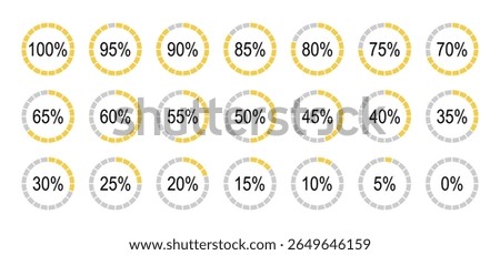 Percentage infographics elements. Set of round diagrams icons for infographics from 0 to 100 percent. Yellow, gray color fill pizza, pie charts indicator templates. Circle graph loading progress.