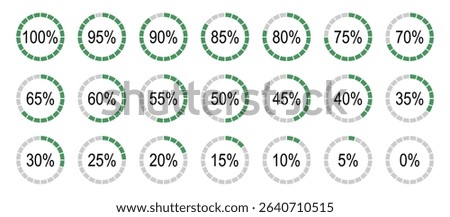 Percentage infographics flat elements. Round diagrams icons for infographics from 0 to 100 percent.  Circle graph loading progress templates. Green, grey color fill divided pie charts indicators.