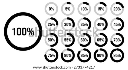 Percentage infographics flat elements. Round diagrams icons for infographics from 0 to 100 percent. Circle graph loading progress templates. circle graph loading progress bars.