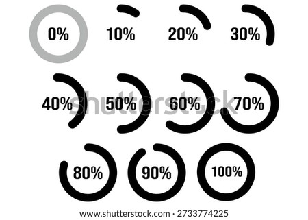 Percentage infographics flat elements. Round diagrams icons for infographics from 0 to 100 percent. Circle graph loading progress templates. circle graph loading progress bars.