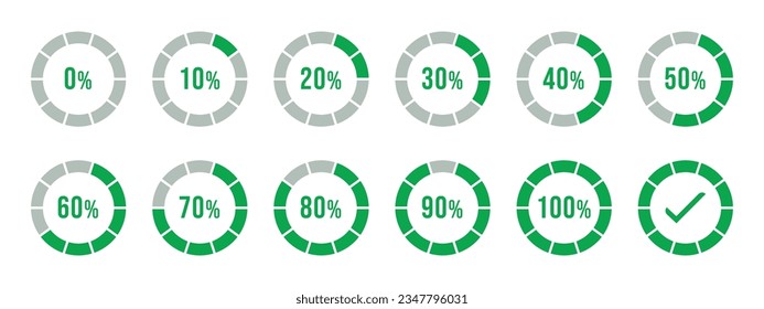 Percentage infographics in green color. Circle loading and circle progress collection. Set of circle percentage diagrams for infographics 0 10 20 30 40 50 60 70 80 90 100 percent in green color. svg