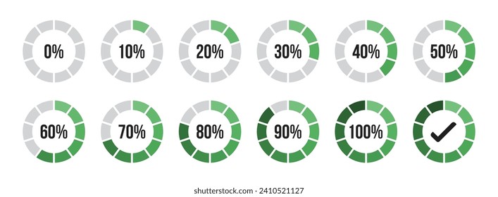 Percentage infographics in green color shades. Circle loading and circle progress collection. Set of circle percentage diagrams for infographics 0 10 20 30 40 50 60 70 80 90 100 percent in green color svg