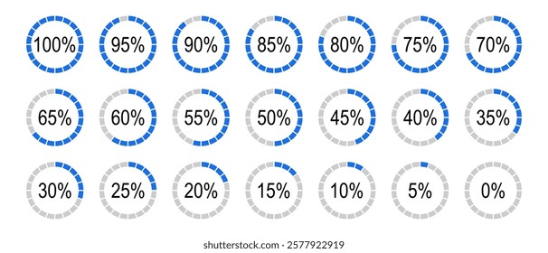 Percentage infographics minimal elements. Round diagrams icons for infographics from 0 to 100 percent. Blue, grey color fill divided pie charts indicator layout. Circle graph loading progress mockup.