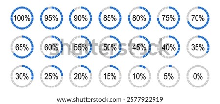 Percentage infographics minimal elements. Round diagrams icons for infographics from 0 to 100 percent. Blue, grey color fill divided pie charts indicator layout. Circle graph loading progress mockup.