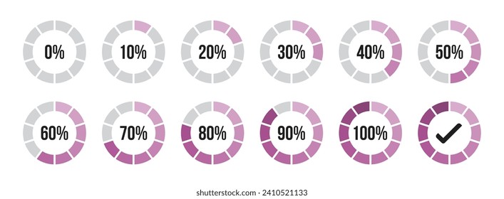 Percentage infographics in purple color shades. Circle loading or circle progress collection. Set of circle percentage diagrams for infographic 0 10 20 30 40 50 60 70 80 90 100 percent in purple color