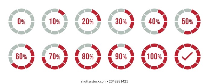 Percentage infographics in red color.  Circle loading and circle progress collection. Set of circle percentage diagrams for infographics 0 10 20 30 40 50 60 70 80 90 100 percent in red color.