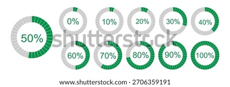Percentage infographics simple elements. Round diagrams icons for infographics from 0 to 100 percent. Colour fill divided pie charts indicators in. Mockup of circle graph loading