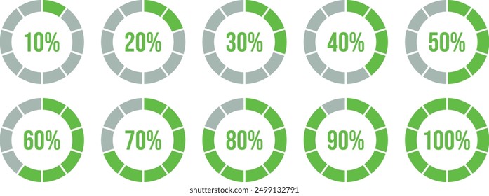 Percentage of infographics in sky blue. Circle load and circle progress collection. Set of circle percentage diagrams for infographics 0 10 20 20 30 40 50 60 60 70 80 90 100 percent in green.