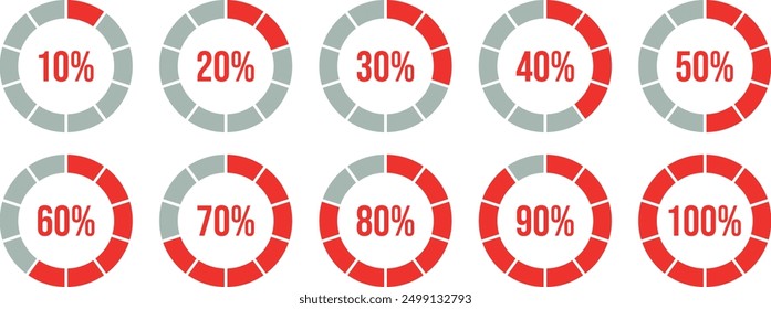 Percentage of infographics in sky blue. Circle load and circle progress collection. Set of circle percentage diagrams for infographics 0 10 20 20 30 40 50 60 60 70 80 90 100 percent in red.