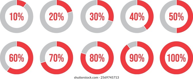 Percentage of infographics in sky blue. Circle load and circle progress collection. Set of circle percentage diagrams for infographics 0 10 20 20 30 40 50 60 60 70 80 90 100 percent in red.