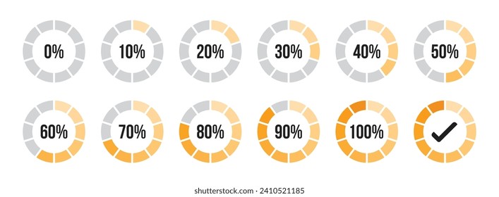 Percentage infographics in yellow color shades. Circle loading or circle progress collection. Set of circle percentage diagrams for infographic 0 10 20 30 40 50 60 70 80 90 100 percent in yellow color