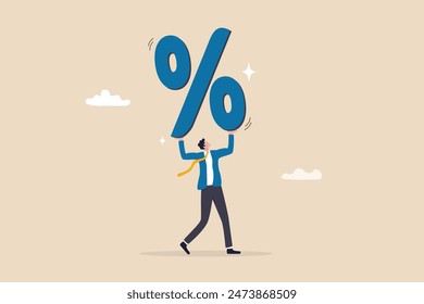 Percentage or interest rate, debt burden, fees to pay off, saving or compound interest earning, financial profit, discount price reduction, promotion concept, businessman carry heavy percentage sign.