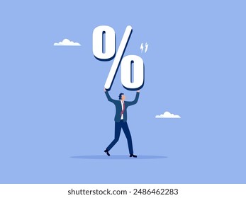 Percentage or interest rate, debt burden, fees to pay off, saving or compound interest earning, financial profit, discount price reduction, promotion concept, businessman carry heavy percentage sign.