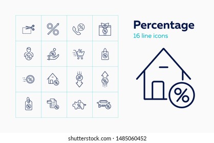 Percentage line icon set. House, car, shopping bag, piggy bank. Finance concept. Can be used for topics like bank interest, discount, deposit