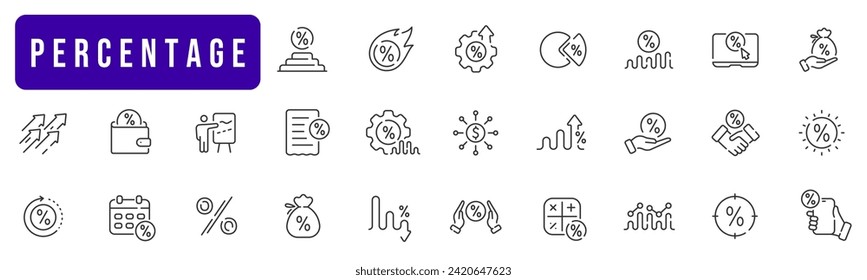 Percentage line icon set. Percent, rate, graph, discount, increase, low, growth etc. Editable stroke