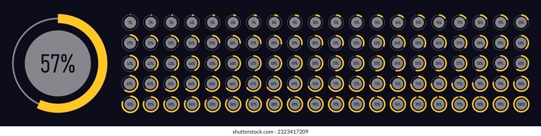 Percentage loading bar. Percentage loading, downloading or uploading progress in circle form. Circle diagrams or infographic for UI, apps and web design with progress in percent from 0 to 100. Vector.