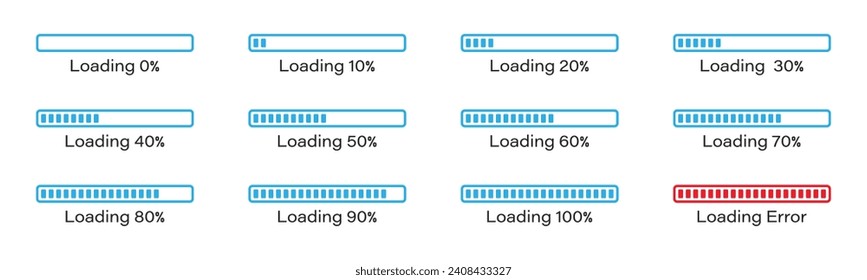 Percentage loading bar infographic icon set 0-100% in blue colour. set of percentage loading bar  10%, 20%, 70, 90%, 100% in blue color. Rectangle bar percent loading and process symbols collection. svg