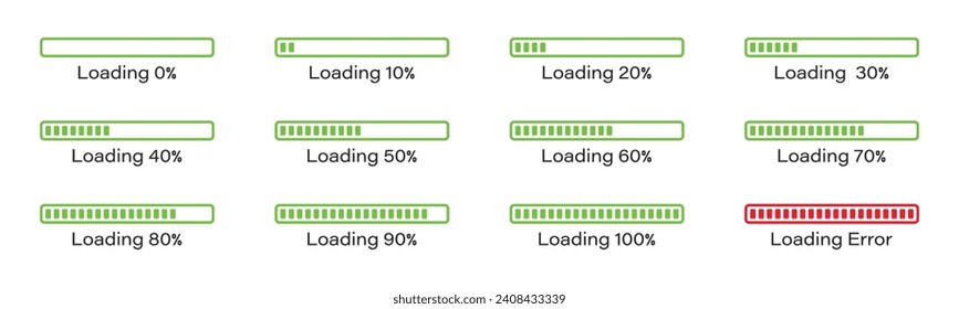 Percentage loading bar infographic icon set 0-100% in green colour. set of percentage loading bar  10%, 20%, 70, 90%, 100% in green color. Rectangle bar percent loading and process symbols collection.