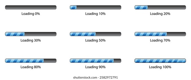 Percentage loading bar infographic icon set. Percentage loading bar infographic icon set 0-100%. set of percentage loading bar. percent loading and process symbols. vector icons.