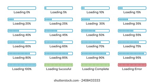 Percentage loading bar infographics icon set 0-100% in blue colour. set of percentage loading bar 5%, 10%, 95%, 100% in blue color. Rectangle bar percent loading and process symbols collection.