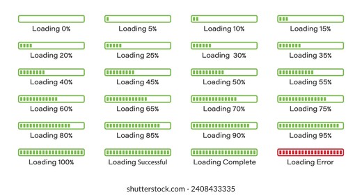 Percentage loading bar infographics icon set 0-100% in green colour.  Rectangle bar percent loading and process symbols collection. set of percentage loading bar 5%, 10%, 95%, 100% in green color. svg