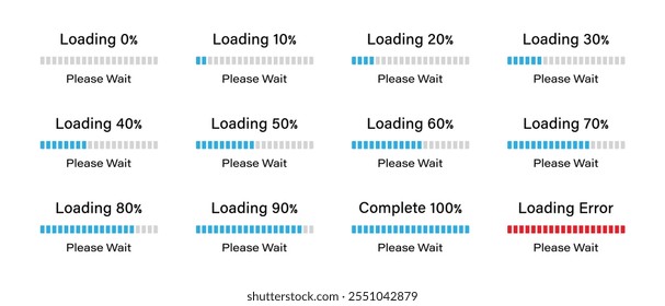 Porcentagem de carregamento do conjunto de infográficos de barra que progride de 0 a 100 por cento na cor azul. Conjunto de carregamento de barra 10%, 20%, 50%, 70%, 90% e 100%. Barras carregando ou progredindo coleção de infográficos.