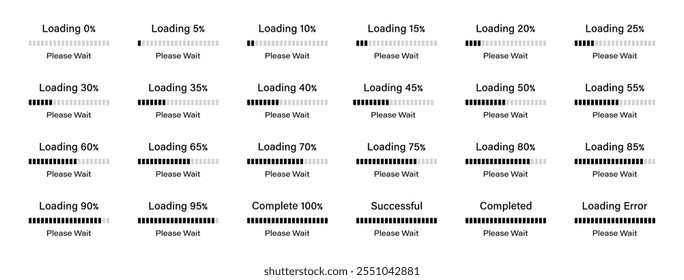 Porcentagem de carregamento do conjunto de infográficos de barra que progride de 0 a 100% com uma diferença de 5% na cor preta. Conjunto de carregamento de barra 5%, 10%, 75%, 95% e 100%. Carregamento de barras ou infográficos de progresso.