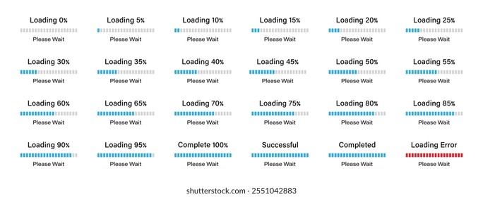 Porcentagem de carregamento do conjunto de infográficos de barra que progride de 0 a 100% com uma diferença de 5% na cor azul. Conjunto de carregamento de barra 5%, 10%, 75%, 95% e 100%. Carregamento de barras ou infográficos de progresso.