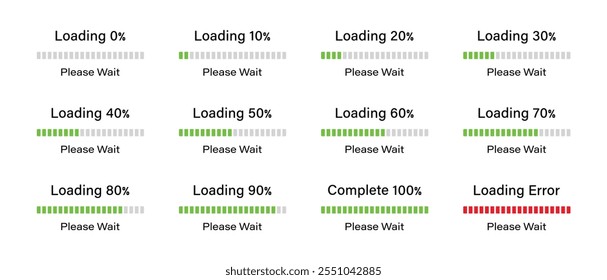 Porcentagem de carregamento do conjunto de infográficos de barra que progride de 0 a 100 por cento na cor verde. Conjunto de carregamento de barra 10%, 20%, 50%, 70%, 90% e 100%. Barras carregando ou progredindo coleção de infográficos.