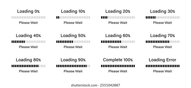 Porcentagem de carregamento do conjunto de infográficos de barra que progride de 0 a 100 por cento na cor preta. Conjunto de carregamento de barra 10%, 20%, 50%, 70%, 90% e 100%. Barras carregando ou progredindo coleção de infográficos.