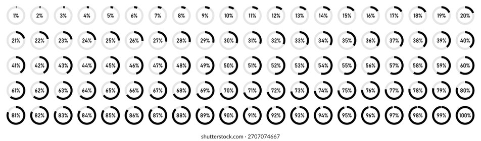 Percentage loading icons. Set of 1% to 100% circular progress indicators in black. Progress bars. Pie charts indicator. Round graph loading progress set. Vector illustration.