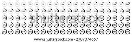 Percentage loading icons. Set of 1% to 100% circular progress indicators in black. Progress bars. Pie charts indicator. Round graph loading progress set. Vector illustration.
