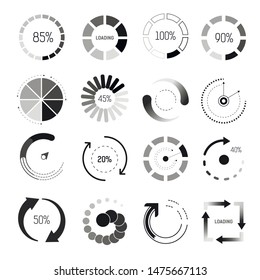 Percentage, loading indicators isolated icons vector. Progress bar for upload or download, processing. Website element, circle or square, waiting web signs monochrome mockups, loader symbols