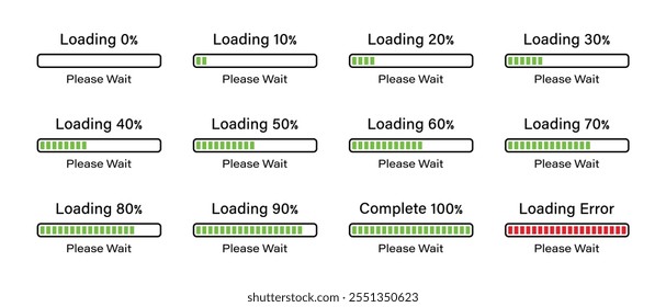 Porcentagem de carregamento do conjunto de infográficos de barra retangular com progressão de 0 a 100% na cor verde. Conjunto de carregamento de barra retangular 10%, 50%, 70%, 90%, 100%. Conjunto de infográficos de carregamento de barra retangular.