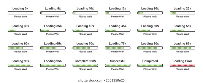 Porcentagem de carregamento de infográficos de barra retangular com progressão de 0 a 100%, com uma diferença de 5% na cor verde. Conjunto de carregamento de barra retangular 5%, 10%, 75%, 95%, 100% conjunto de infográficos.