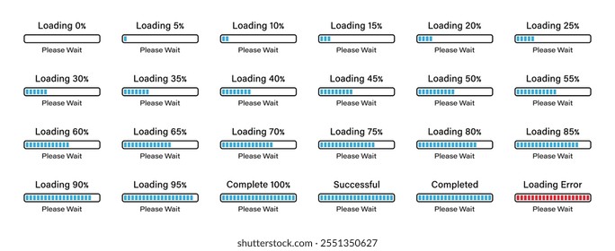 Porcentagem de carregamento de infográficos de barra retangular com progressão de 0 a 100%, com uma diferença de 5% na cor azul. Conjunto de carregamento de barra retangular conjunto de infográficos 5%, 10%, 75%, 95% e 100%.