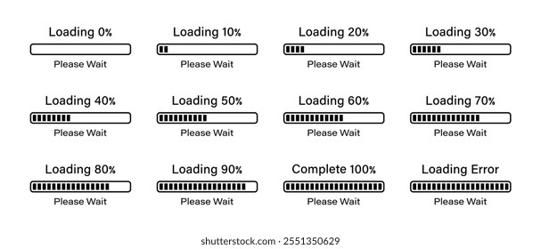 Porcentagem de carregamento do conjunto de infográficos de barra retangular com progressão de 0 a 100% na cor preta. Conjunto de carregamento de barra retangular 10%, 50%, 70%, 90%, 100%. Conjunto de infográficos de carregamento de barra retangular.