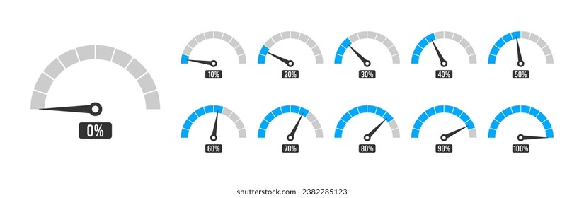 Elemento de medidor porcentual. Juego de iconos de velocímetro o barra de carga de porcentaje. Ilustración vectorial.