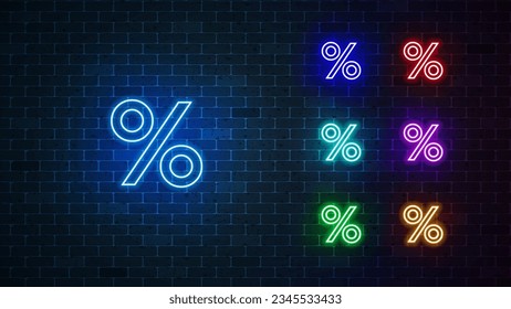 Percentage neon icon set. Glowing percent outline sign. Vector illustration