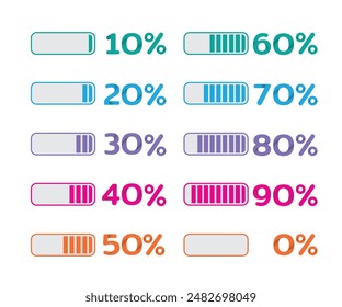 Prozentzahl-Icon-Set illustrieren mit verschiedenen Prozentzahlen von 0 - 90% in farbigem Stil für Infografik, ux UI-Webdesign und Multimedia-Design