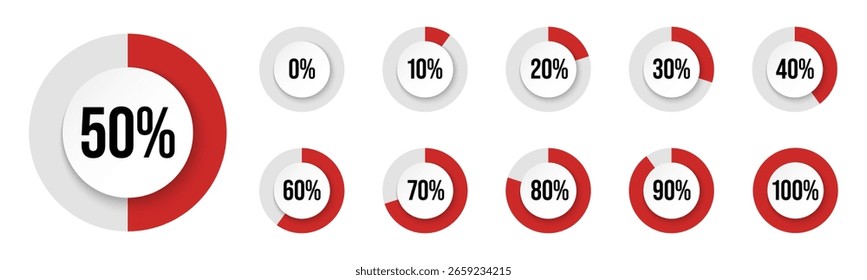 Ilustración vectorial de conjunto de iconos de números porcentuales con gráficos circulares radiales en rojo y blanco que muestran el progreso del 0% al 100%, perfecto para la visualización de datos, infografías e indicadores de carga.