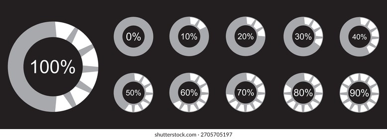 Percentage number icon set vector illustration featuring segmented blue radial pie charts displaying progress from 0% to 100%, perfect for data visualization, infographics, and loading indicators.