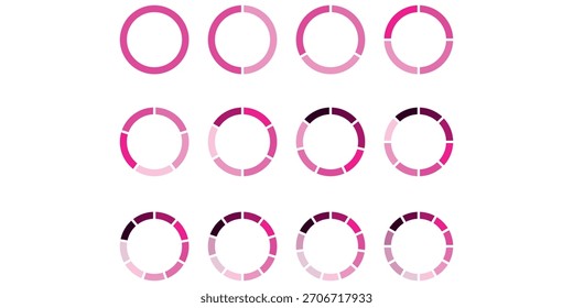 Ilustración vectorial de conjunto de iconos de números porcentuales con gráficos circulares radiales azules segmentados que muestran el progreso del 0% al 100%, perfecto para la visualización de datos, infografías e indicadores de carga.