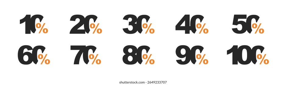Número de porcentagem definido. Ícones de venda ou etiquetas com 10, 20, 30, 40, 50, 60, 70, 80, 90, 100 por cento de desconto.
